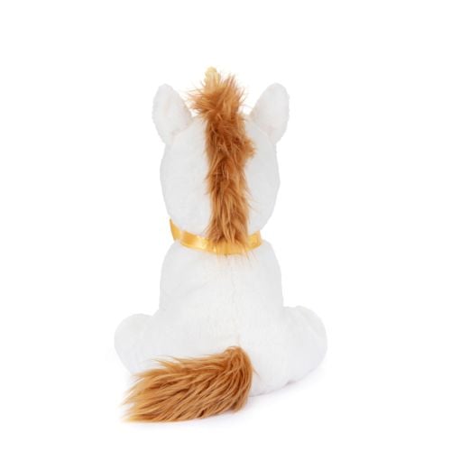 Unicorn cuddly toy with yellow bow.