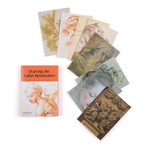 Drawing the Italian Renaissance Notecards with orange backdrops and sketch of the three muses.