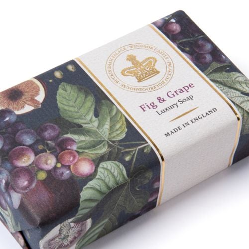 Purple patterned Fig & Grape Soap bar with golden crowen embossed on the label and "Made in England" printed below.