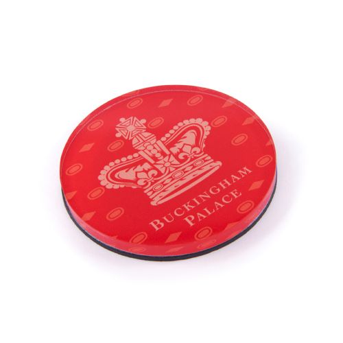Smal round red Buckingham Palace Crown Magnet with pattern.