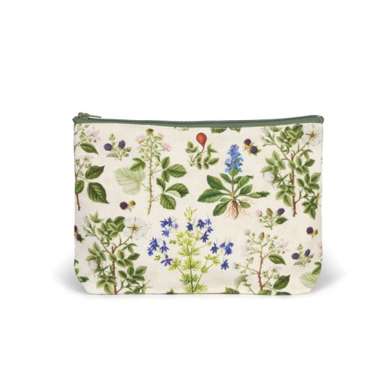Cosmetic purse with floral design and green zip. 