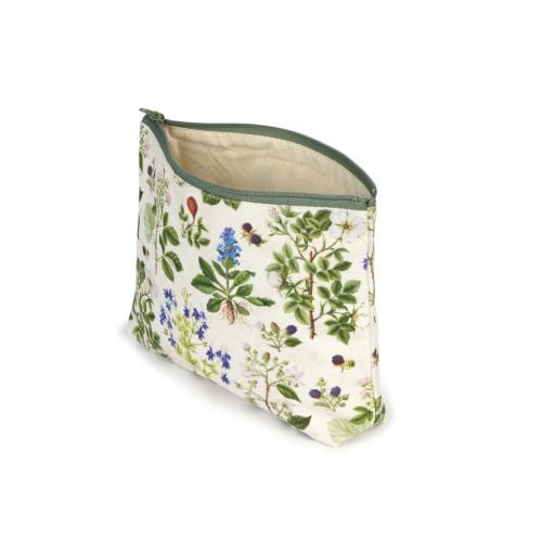 Cosmetic purse with floral design and green zip. 