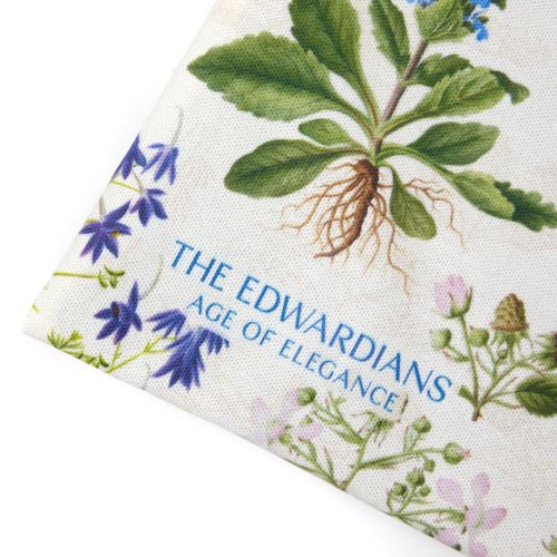 Floral design exhibition tote bag with Exhibition title printed in blue on bottom left corner. 