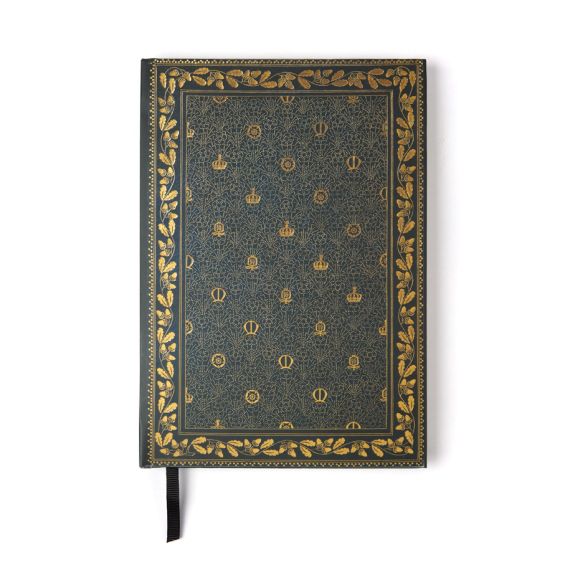 Notebook with crown and royal motif pattern with oak leaf border. 
