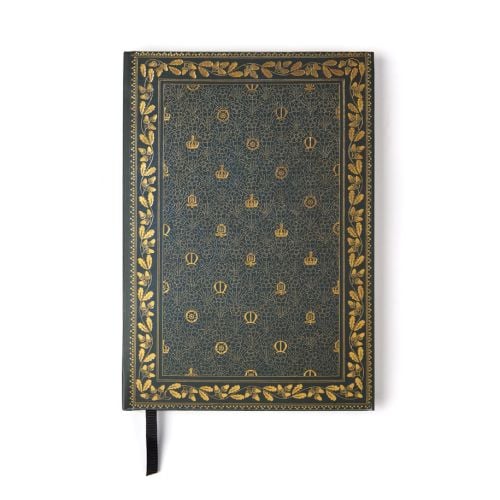 Notebook with crown and royal motif pattern with oak leaf border. 