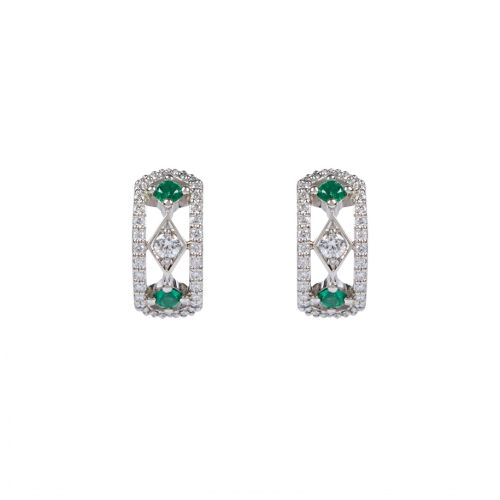 Straight on shot of the Girls of Great Britain and Ireland Limited Edition Emerald and Platinum Drop Earrings. Features two emeralds set on each earring. 