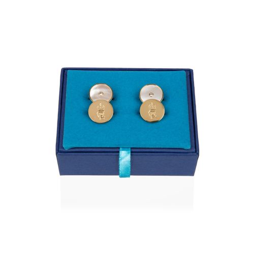 Mother of pearl and gold cufflinks presented in blue box