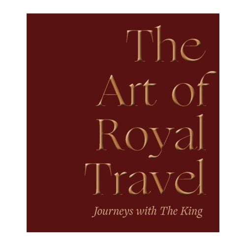 Front cover of 'The Art of Royal Travel: Journeys with The King'. Red background with gold font. 